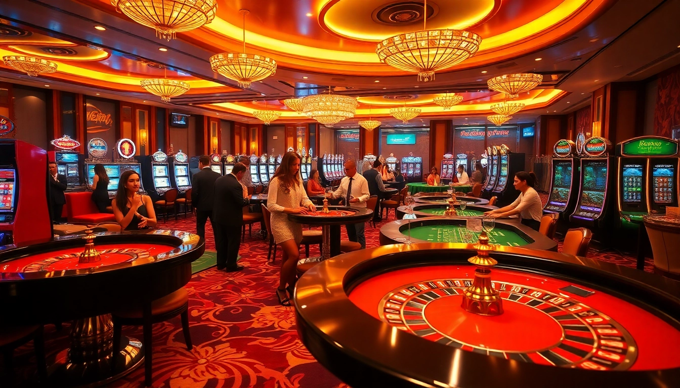 Nền tảng thabet casino floor with vibrant gaming action and engaging gamblers.
