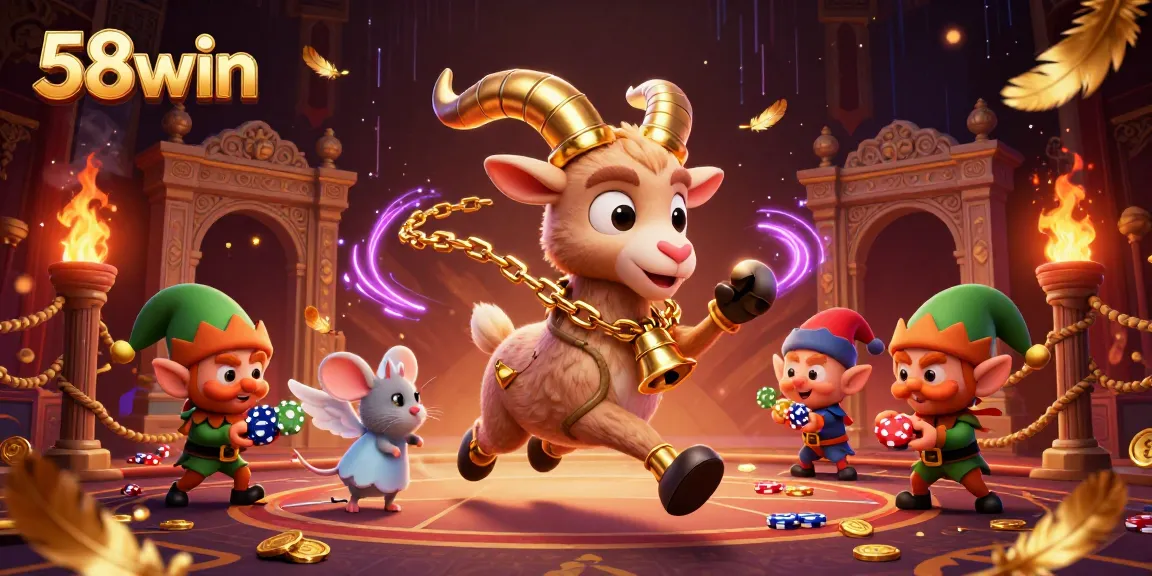 Engage with 58win's vibrant casino scene featuring Krampus and mischievous elves amidst a festive backdrop.