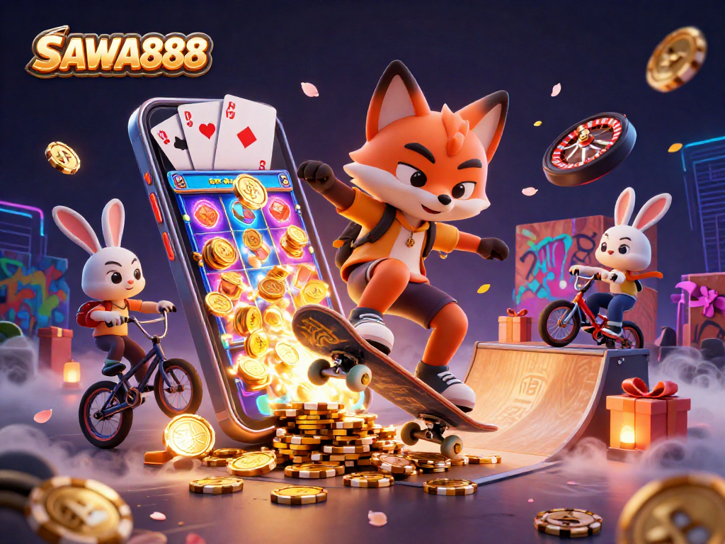 SAWA888 presents dynamic casino action with a skateboard fox and BMX rabbit, showcasing slots and poker elements.