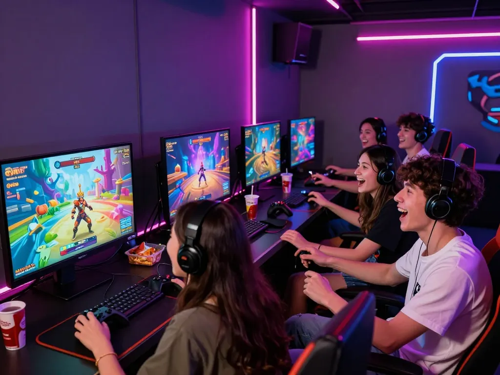 Group playing engaging porn games online with colorful graphics and lively atmosphere