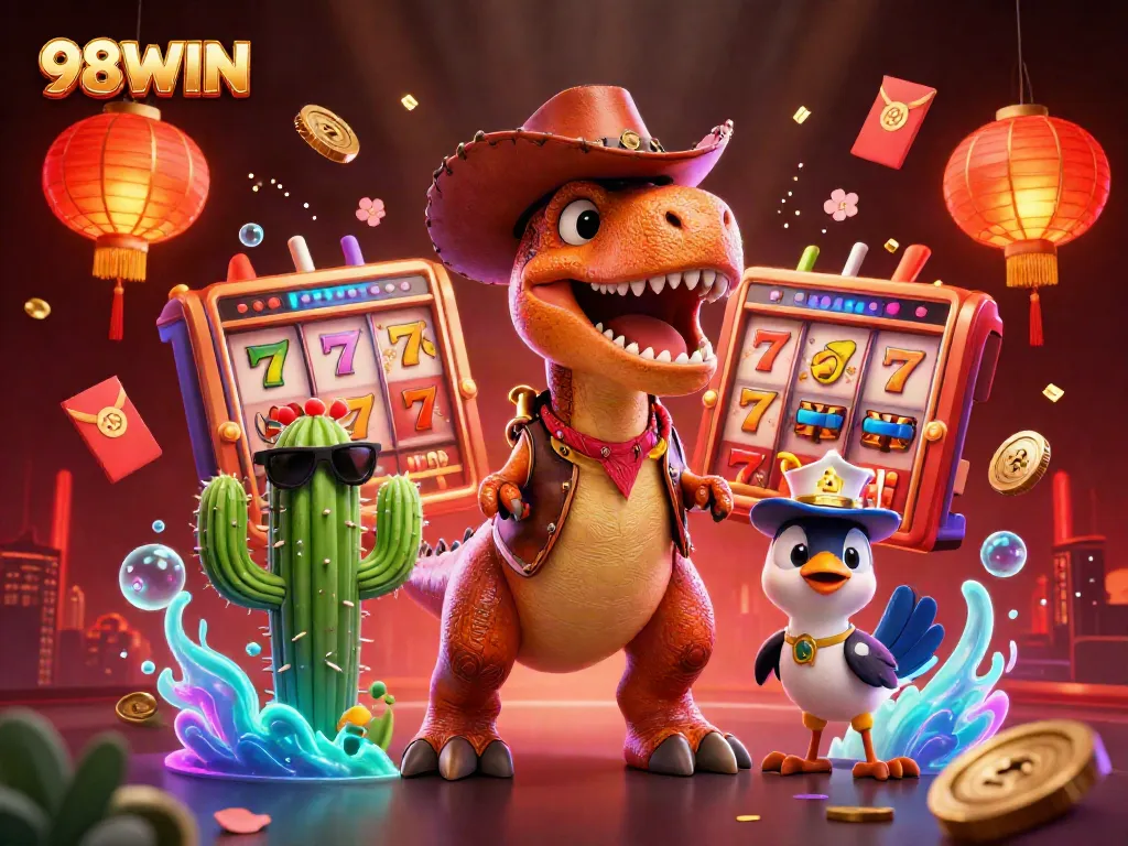Join the excitement at 98WIN with a dynamic 3D casino scene celebrating vibrant slots and cheerful characters.