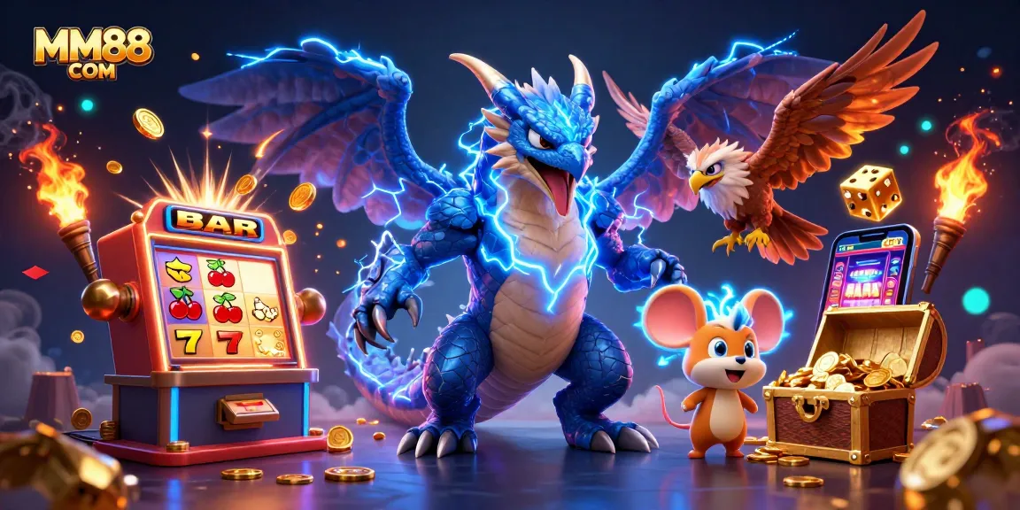 Engage with the thrilling MM88 COM casino experience featuring iconic gaming elements and vibrant characters.