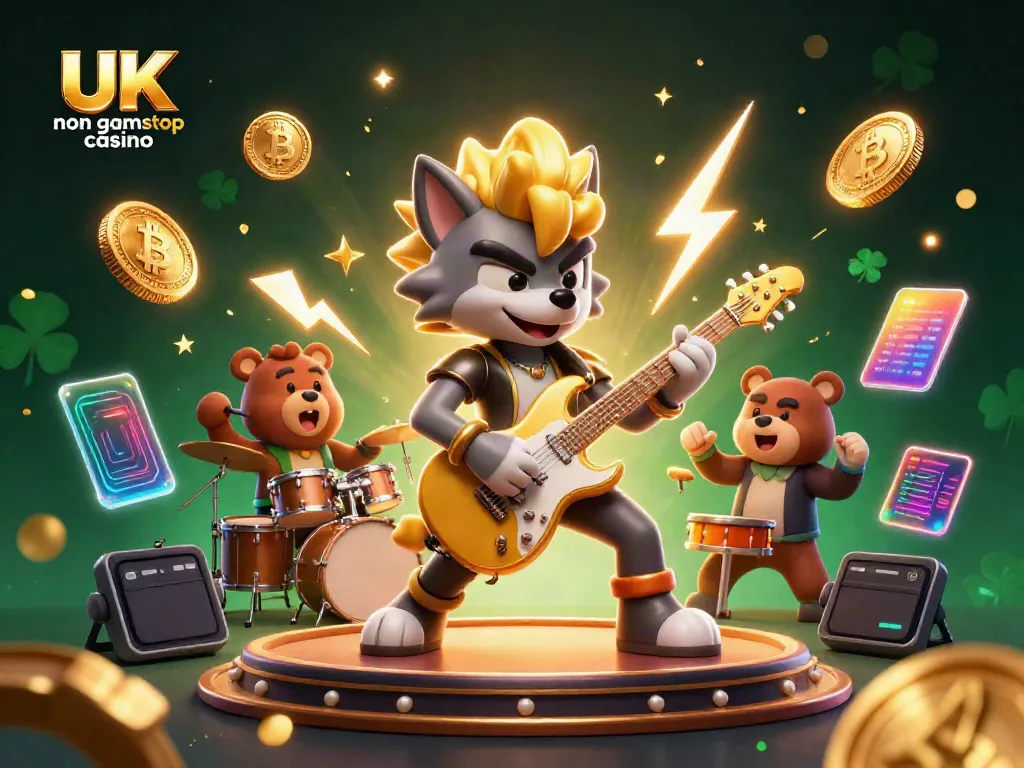 Experience the thrill of a UK non gamstop casino with an energizing 3D scene of rock star characters.