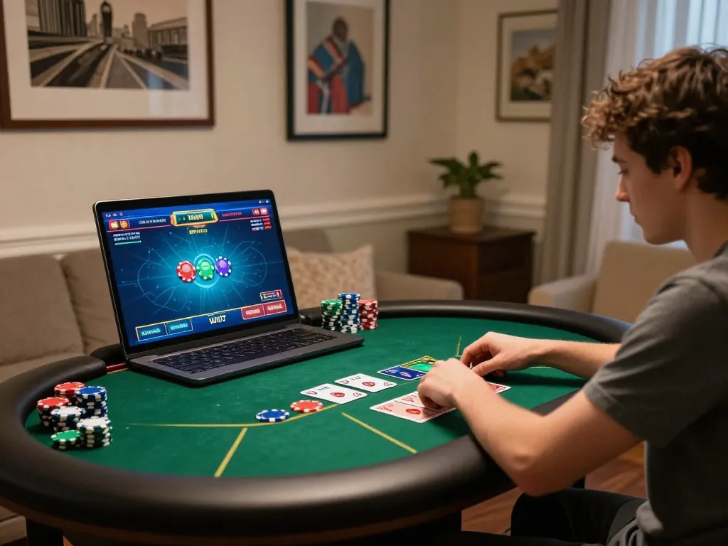 Player enjoying an online poker game at home with RR88, showcasing responsible gaming.