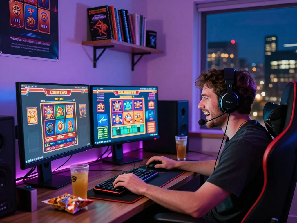 Excited gamer exploring non GamStop casinos on dual monitors in a vibrant setting, snacks and drinks nearby.
