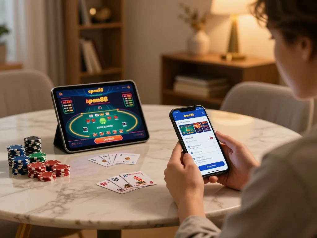 Engaging with open88 uy tín #1 app on smartphone while playing poker at a stylish home setup.