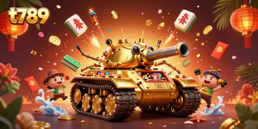 Engage with t789's vibrant casino universe featuring a golden beetle tank bursting with gaming excitement.