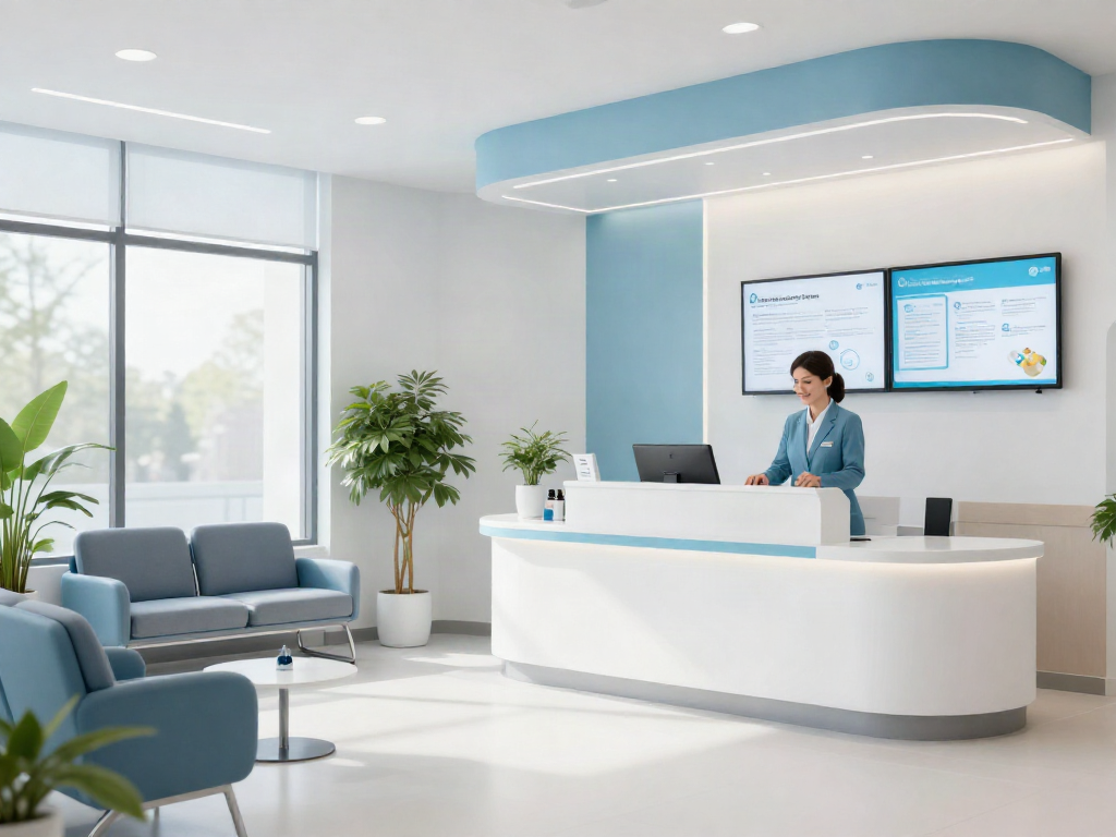 Pharmacyweightloss - modern healthcare clinic reception with medical services and patient care.
