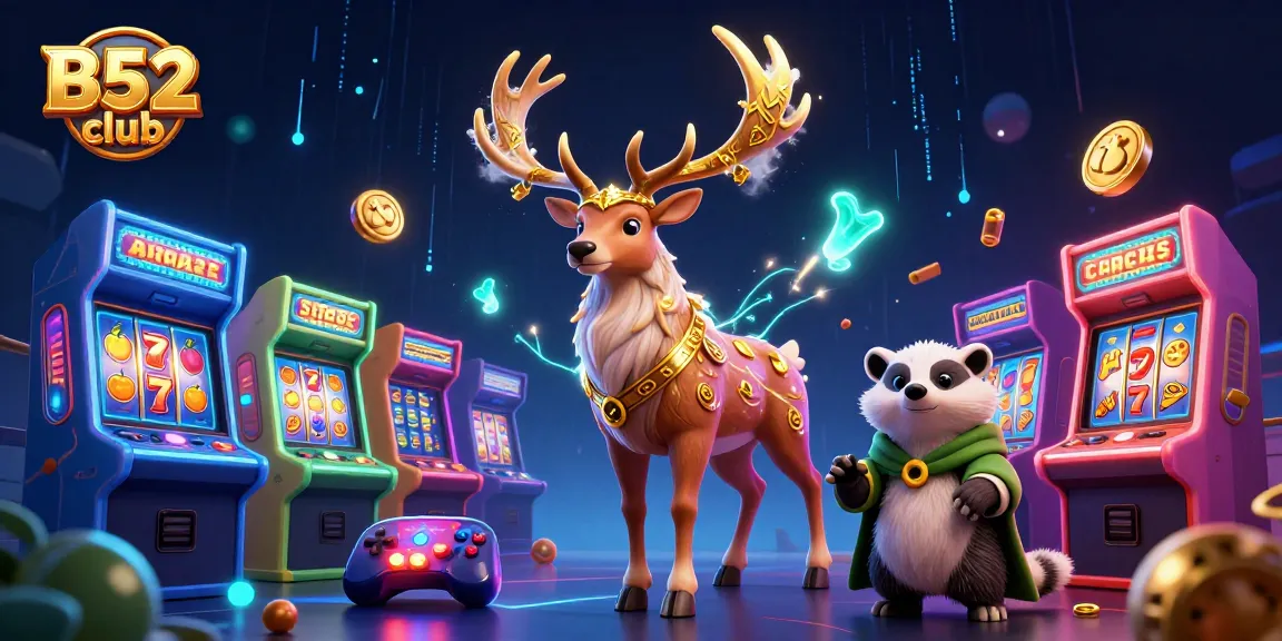 B52 club features a colorful casino scene with a druid stag and game elements creating a vibrant atmosphere.