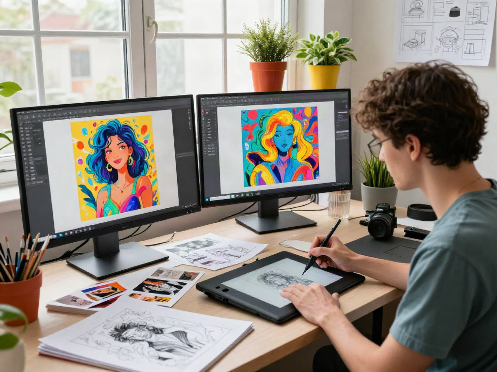 AI NSFW artwork creation in a vibrant studio, artist using tablet with colorful designs