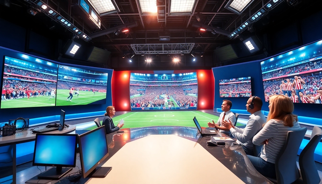 Engaging scene of sports broadcasting with hosts and live event screens.