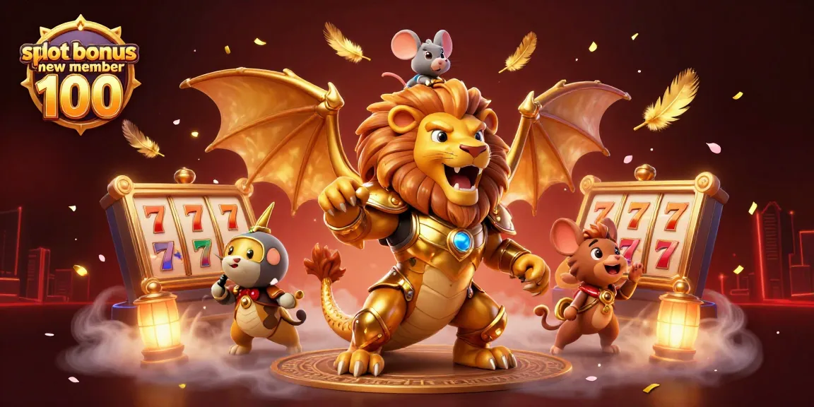 Menangkan slot bonus new member 100 dengan gambar berwarna-warni yang menampilkan berbagai elemen permainan slot dan simbol keberuntungan.