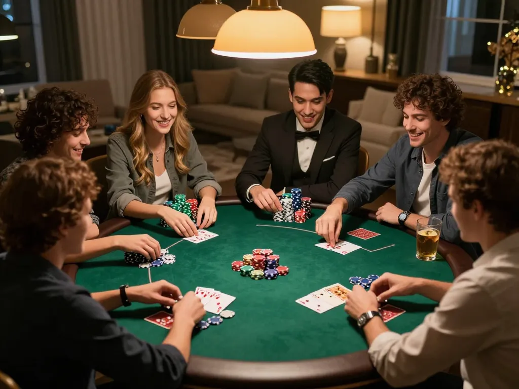 E2BET poker night with friends celebrating strategic gameplay and camaraderie over chips and cards.
