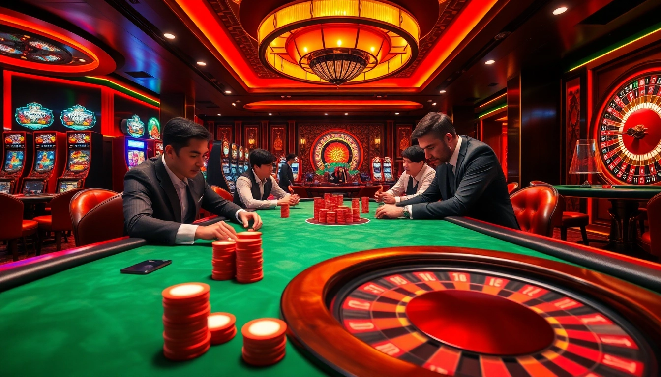 A high-stakes poker table scene at 13win, filled with professional players and vibrant casino elements.