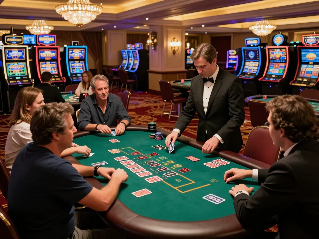 Players enjoying a thrilling game of blackjack at CM88's casino table, dealers engaged with cards.