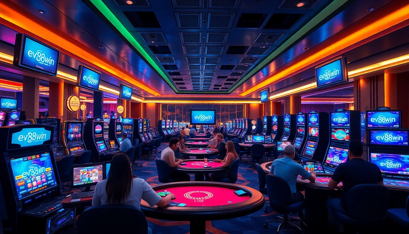 Dynamic gaming scene featuring ev88win.live logo and diverse players enjoying online casino games.