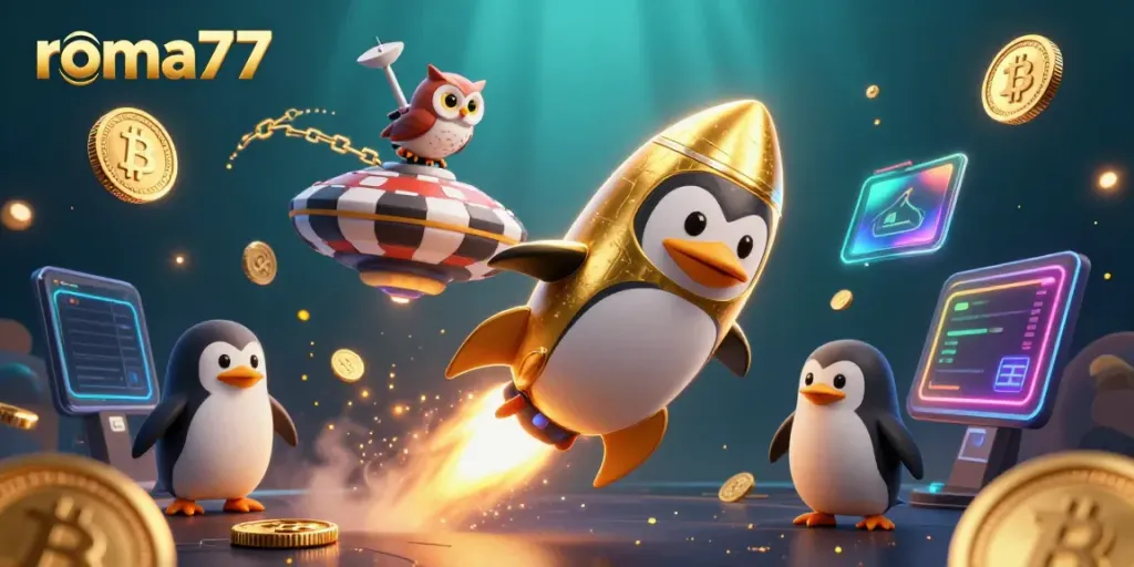 ROMA77 menampilkan penguin emas bertenaga roket yang terbang ke stasiun kasino dengan koin emas bertebaran.