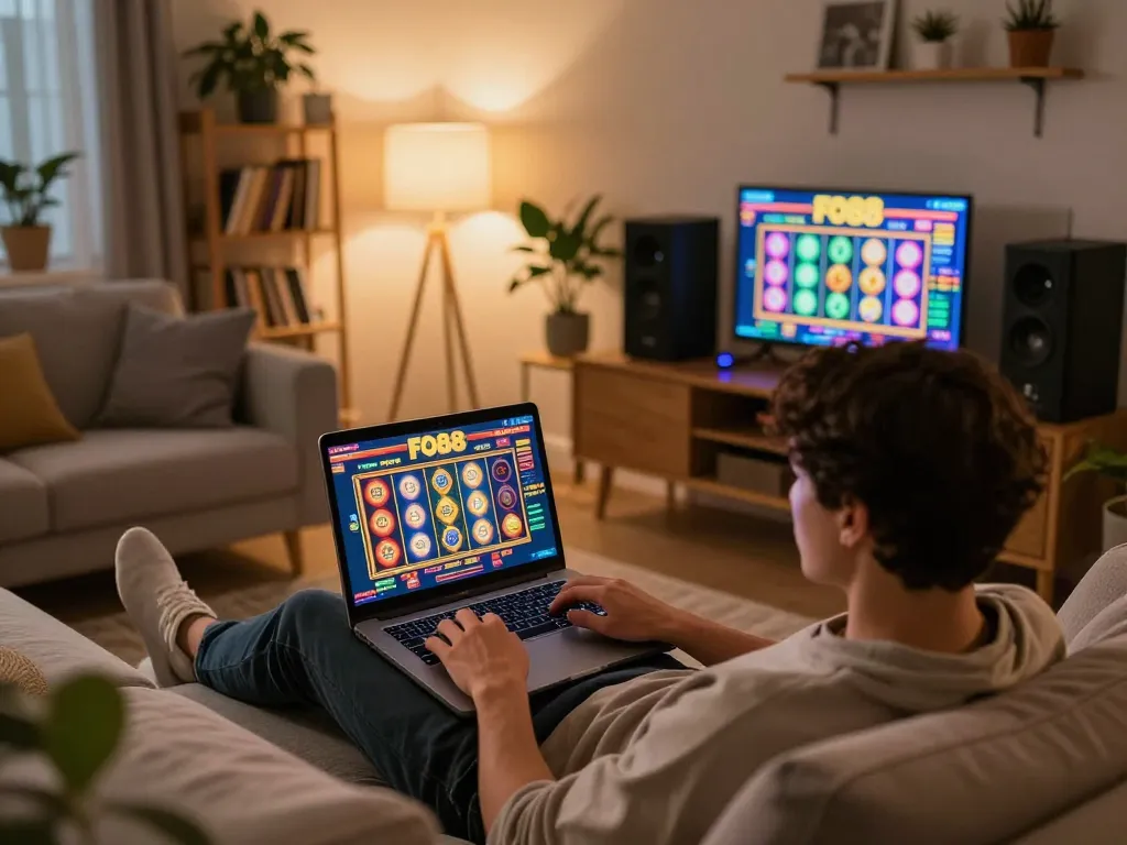 Person engaging in online gambling at FO88 with a laptop, surrounded by a cozy and stylish home environment.
