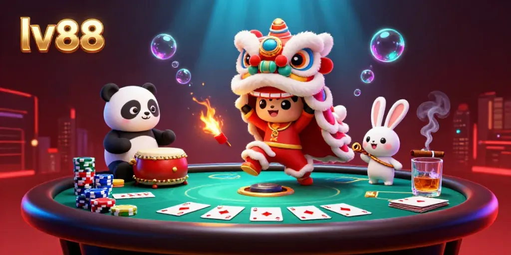 Experience the vibrant celebration of lv88 with characters engaged in a lively casino-themed dance amidst poker elements.