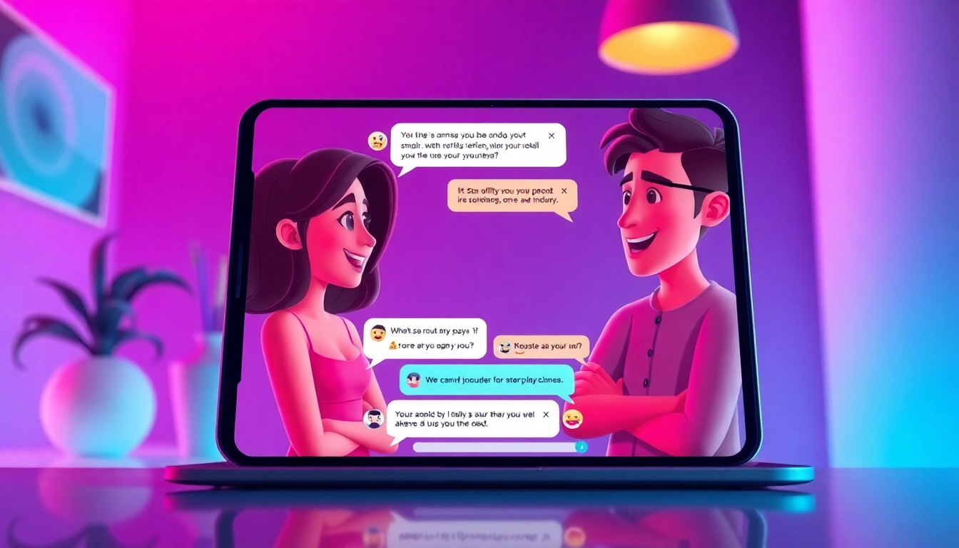 Engaging sexchat scene with animated characters exchanging flirty messages in a vibrant digital chat interface.