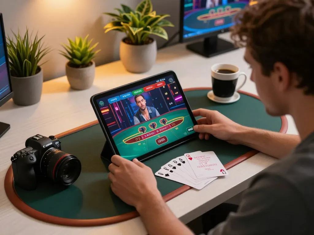 CM88 player focusing on a live blackjack game on their tablet, showcasing smart gaming strategy.