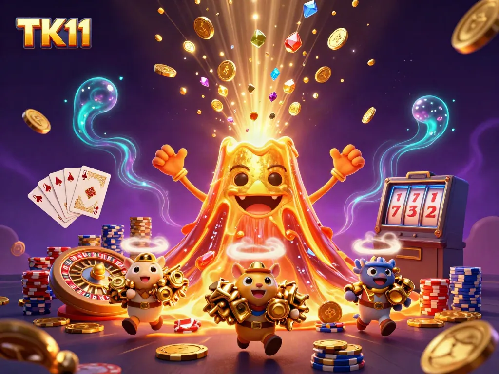 TK11 showcases a triumphant volcano with treasure, surrounded by vibrant casino elements.