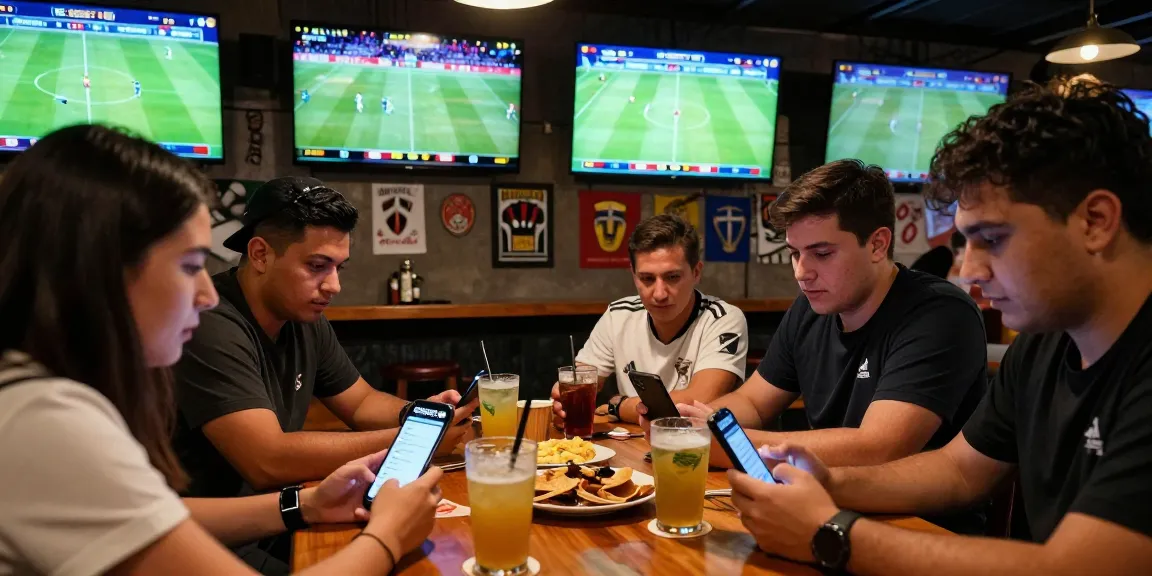 Exciting scene of friends using smartphones to engage in sbobet judi bola during live soccer betting.