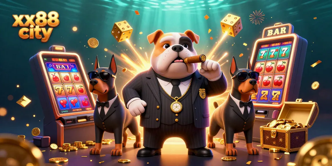 Experience the fun of slots at xx88 city with a scene of a bulldog mafia boss and jackpots.
