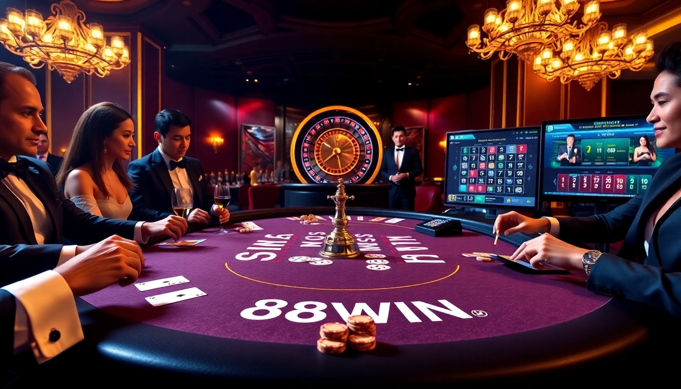 Players strategizing at a 68WIN poker table in an upscale casino setting.