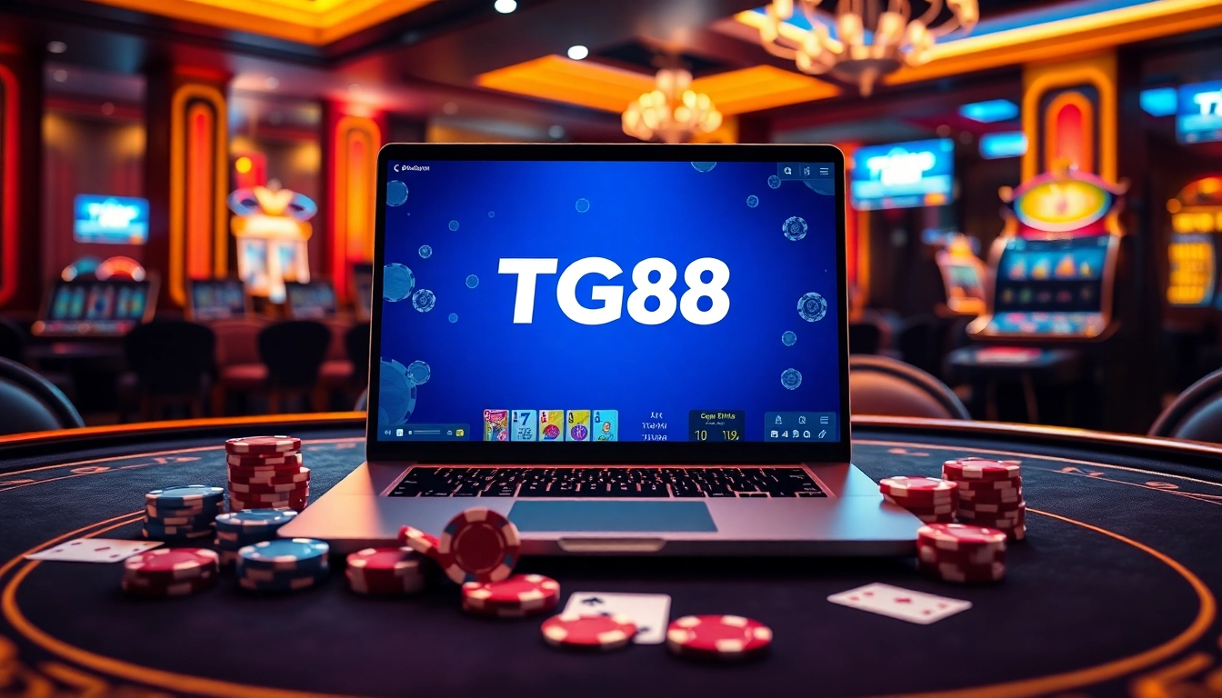 Engage with thrilling online gambling action at https://tg885.net/ featuring poker chips and dynamic game visuals.