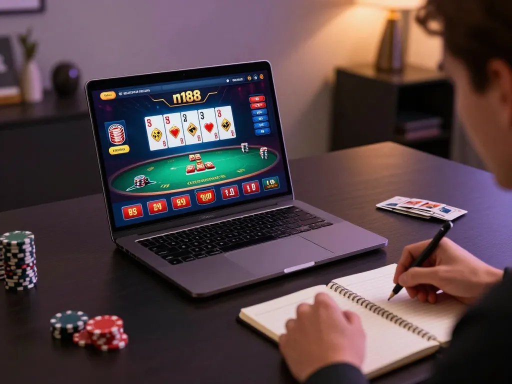 n188 player analyzing strategies on laptop for enhanced online gaming experience
