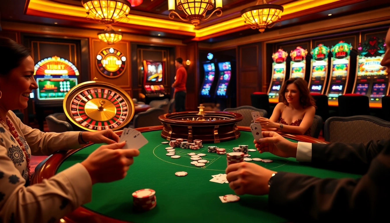 Engaged players enjoying a game of poker at 11BET casino table in a luxurious setting.