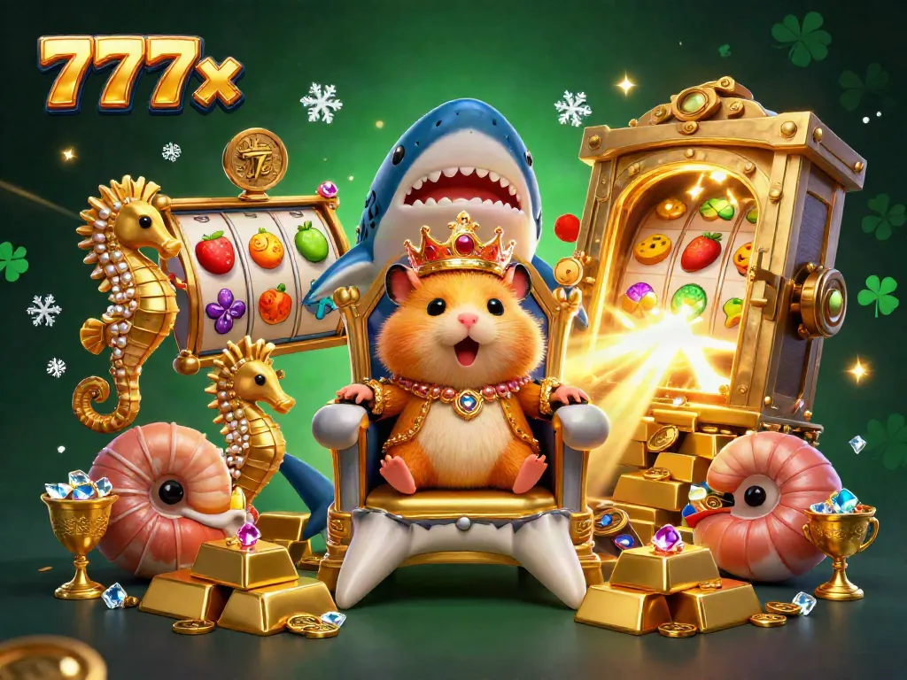 Experience the vibrant world of 777x with a golden hamster king surrounded by treasure and slot reels.