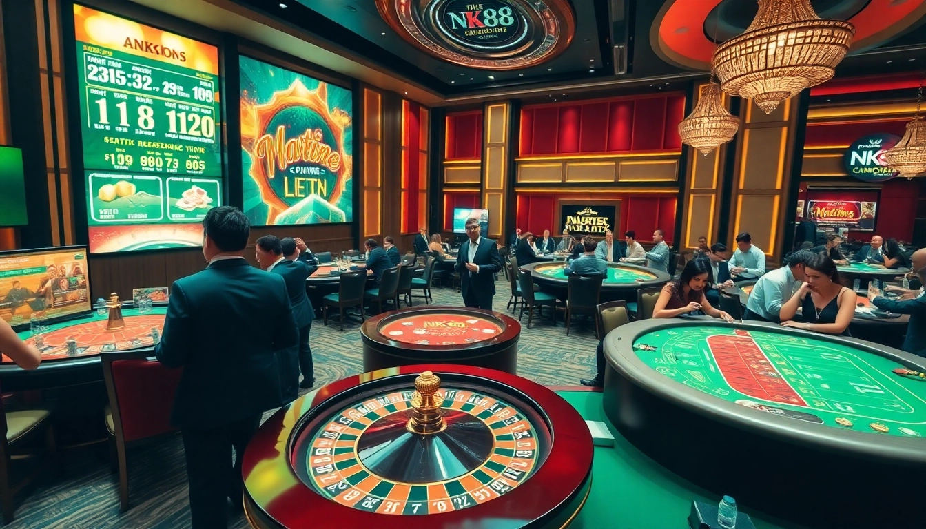 Players enjoying the exciting gaming atmosphere at NK88 casino, complete with roulette and cards.
