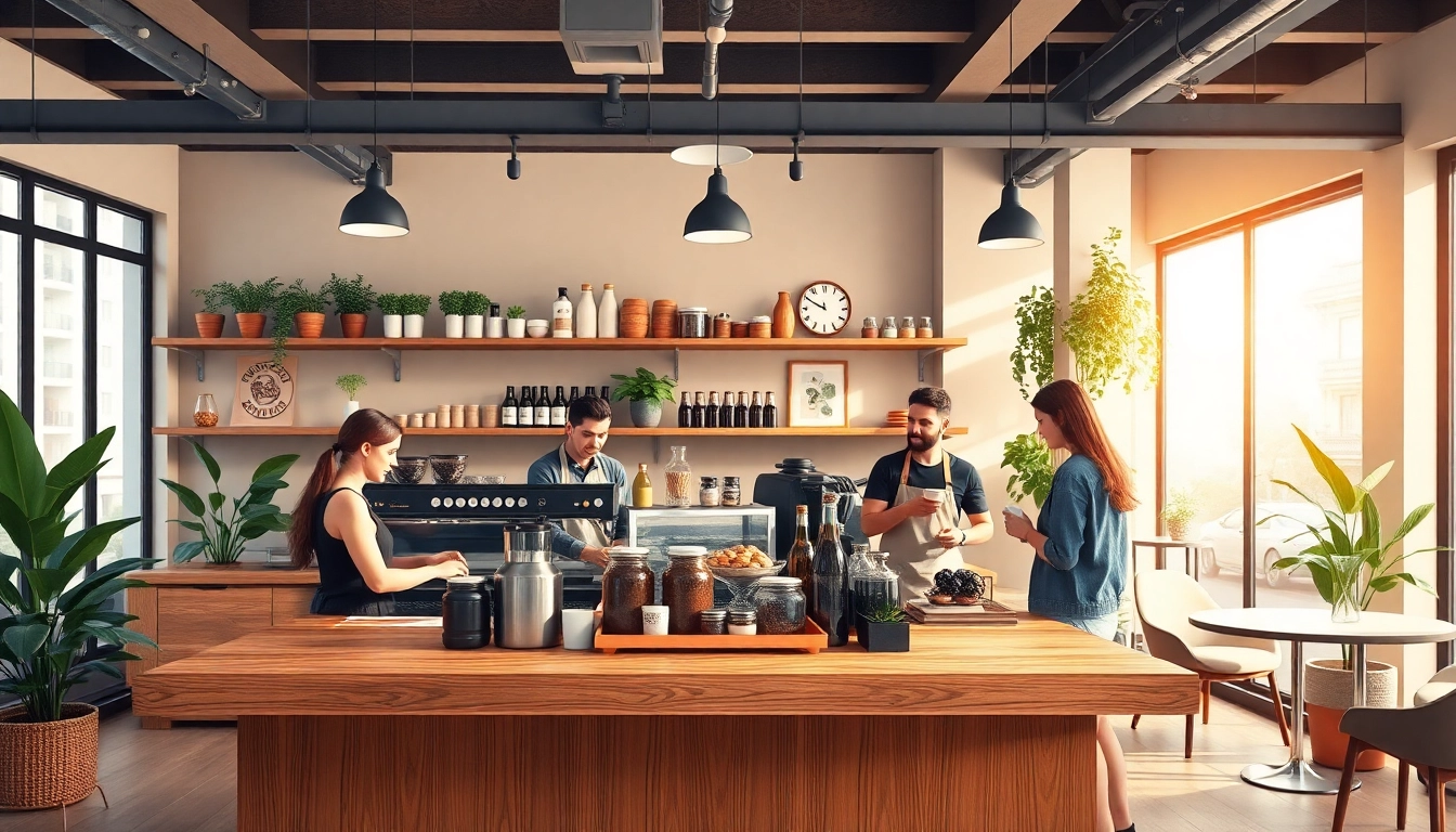 Association coffee shop Madrid avec ambiance chaleureuse et baristas accueillants servant des clients.