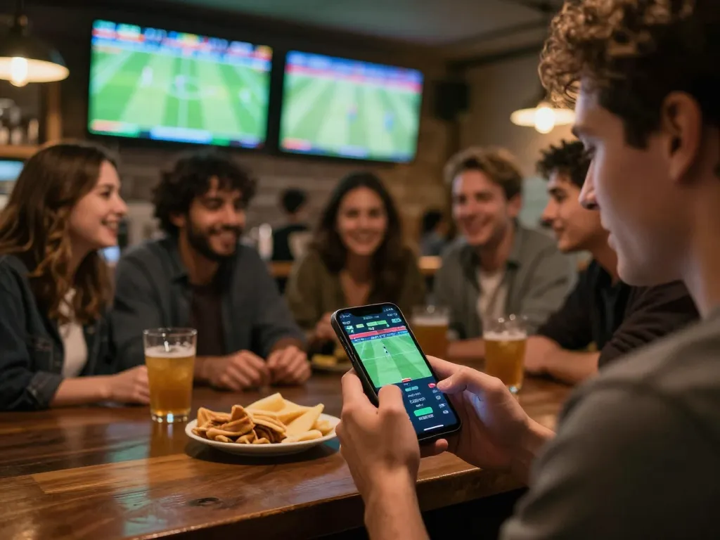 Exciting scene of sports betting at a bar with friends, using trang cá cược bóng đá apps on smartphones