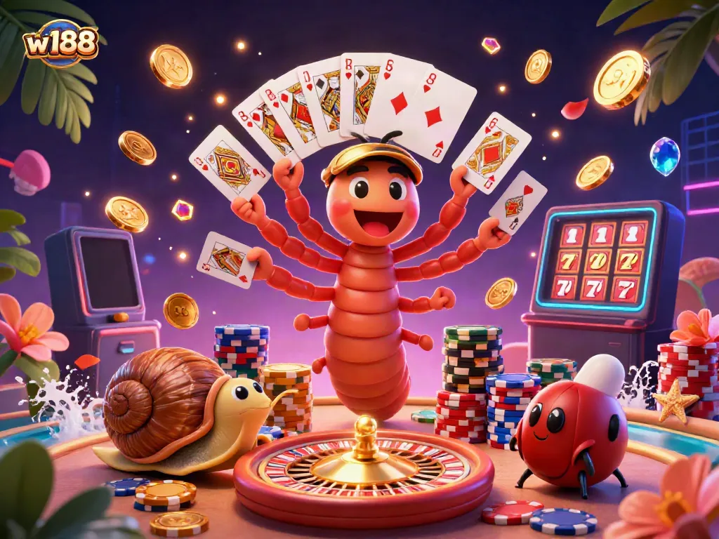 Experience thrilling gaming action at w188 with a lively 3D casino scene featuring a cartoon millipede dealer and excited players.