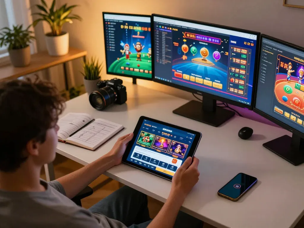 The person enjoying nhà cái aw8 through a modern tablet in a cozy home setup.