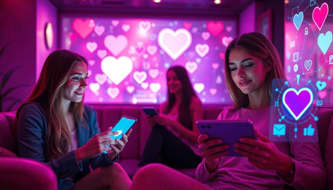 Innovative interaction with sex AI chatbots in a futuristic digital lounge setting.
