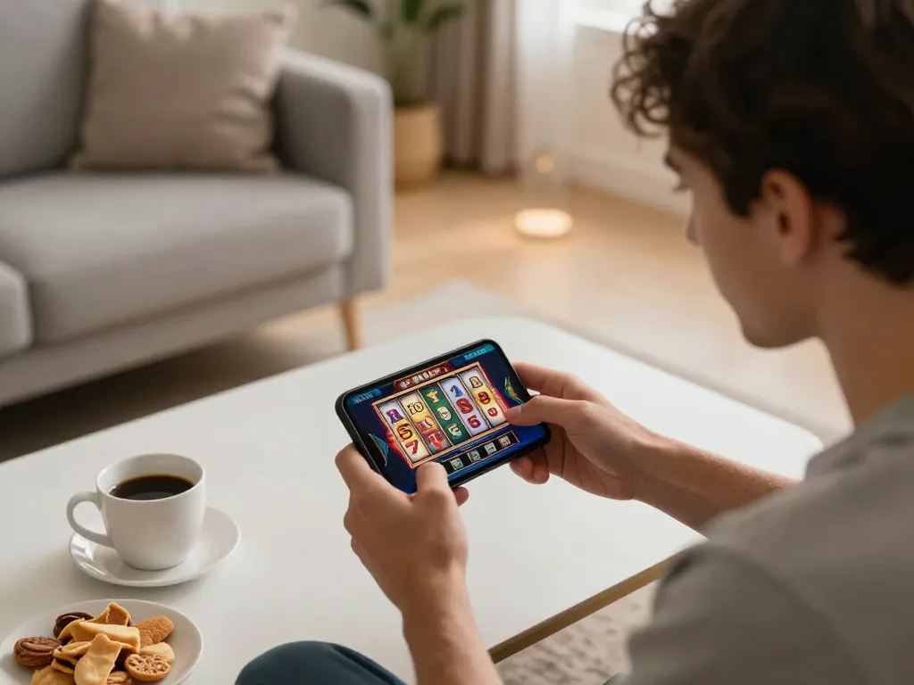 Player enjoying 888slot on a smartphone in a cozy home setting, showcasing engaging and responsible online gambling.