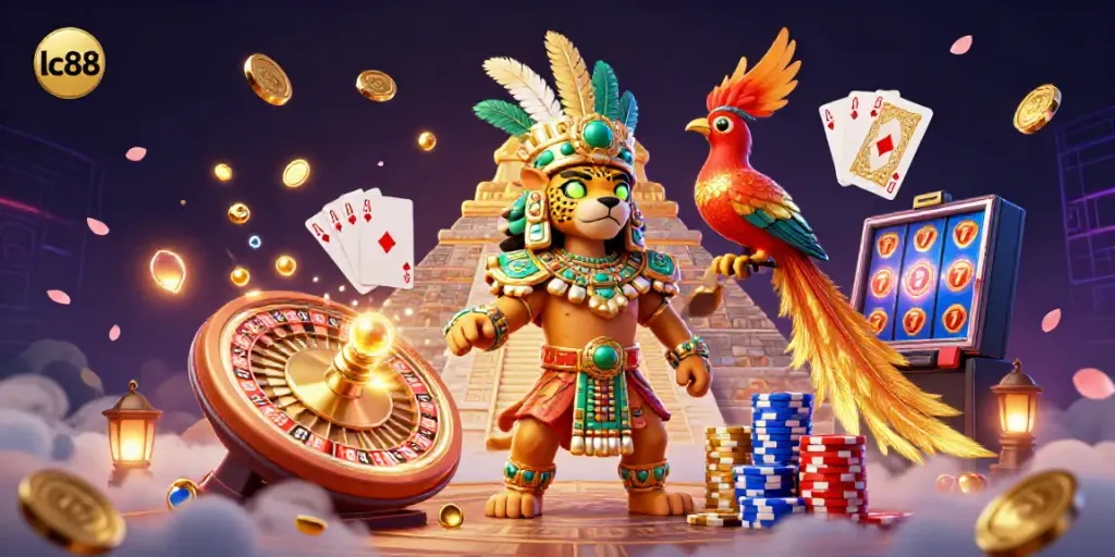 Experience the thrill of lc88 with a vibrant casino scene featuring a Mayan jaguar priest, roulette, and gold coins.