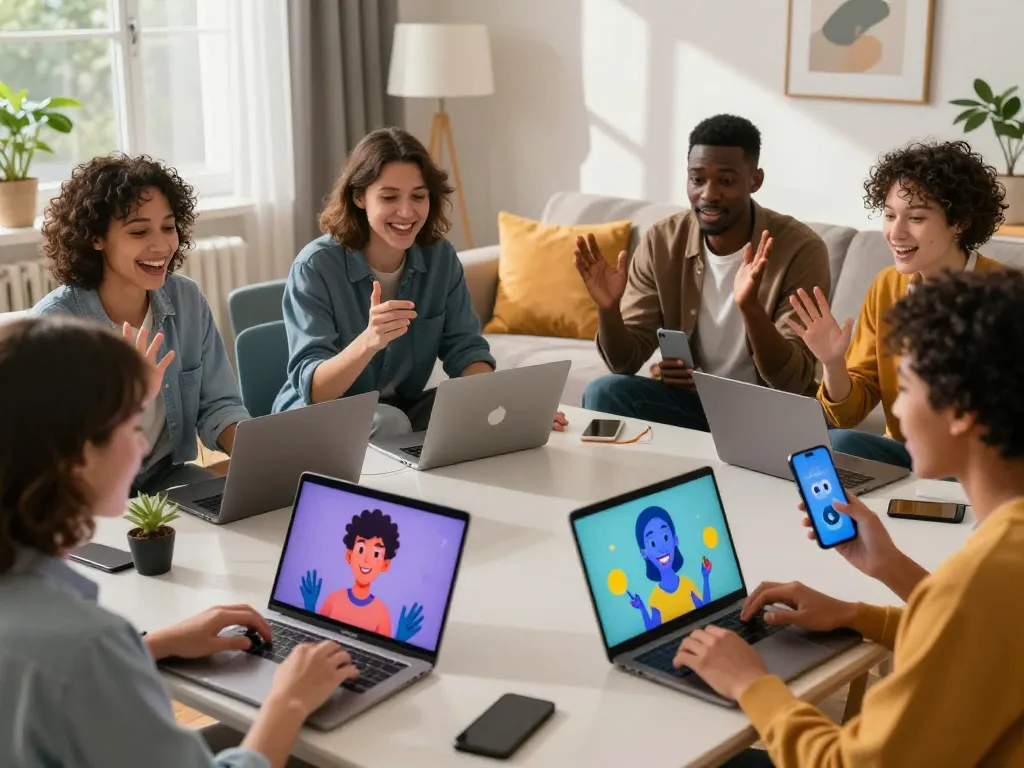 Diverse group chatting with AI companions, illustrating the sex chat ai experience in a modern, cozy environment.