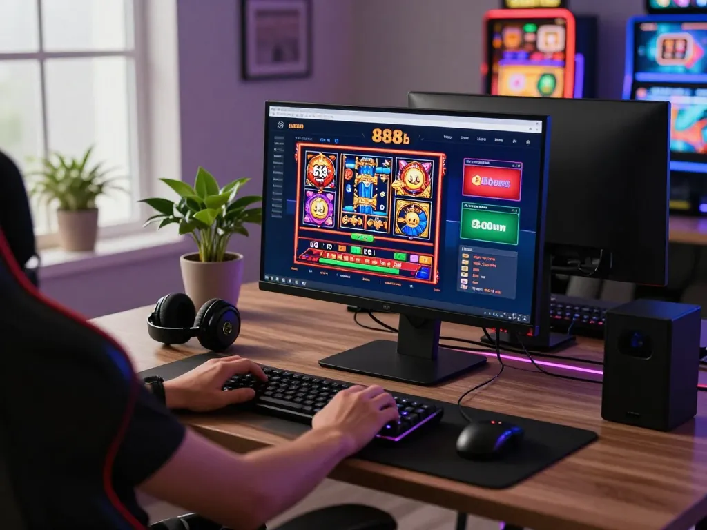 Engaged player exploring 888b online casino interface on desktop, showcasing vibrant gameplay and interactive slot games.