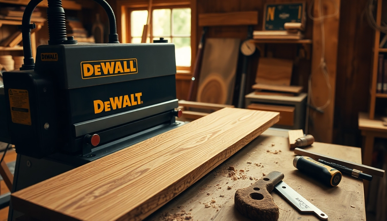 Dewalt thicknesser efficiently shaping wood, highlighting precision and craftsmanship in woodworking.