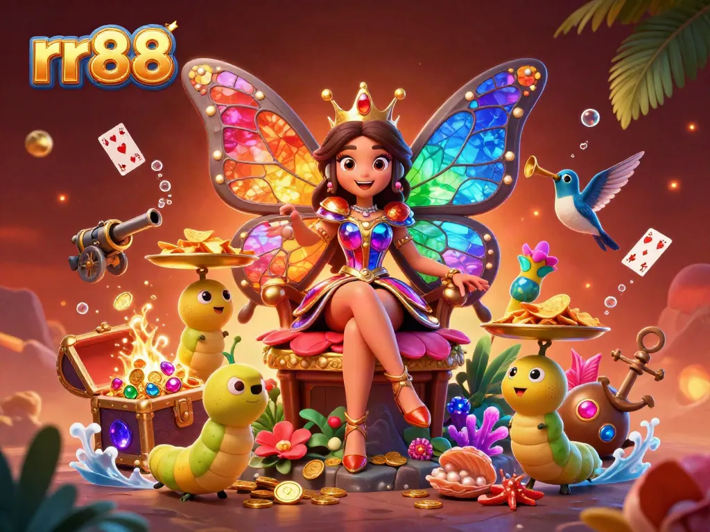 Experience thrilling gameplay with vibrant rr88-themed imagery featuring a butterfly queen and treasure.