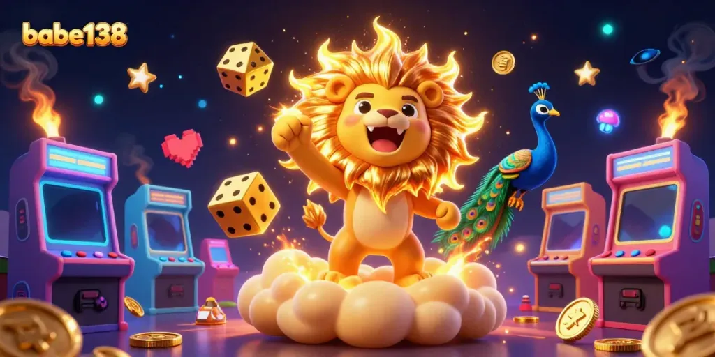 Gambarkan suasana kemenangan di babe138 dengan singa matahari 3D dan elemen kasino yang berwarna-warni.