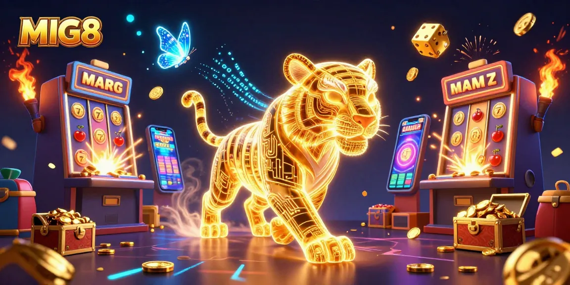 MIG8’s dynamic digital casino scene features a golden tiger, jackpot slot machines, and vibrant game elements bursting with excitement.