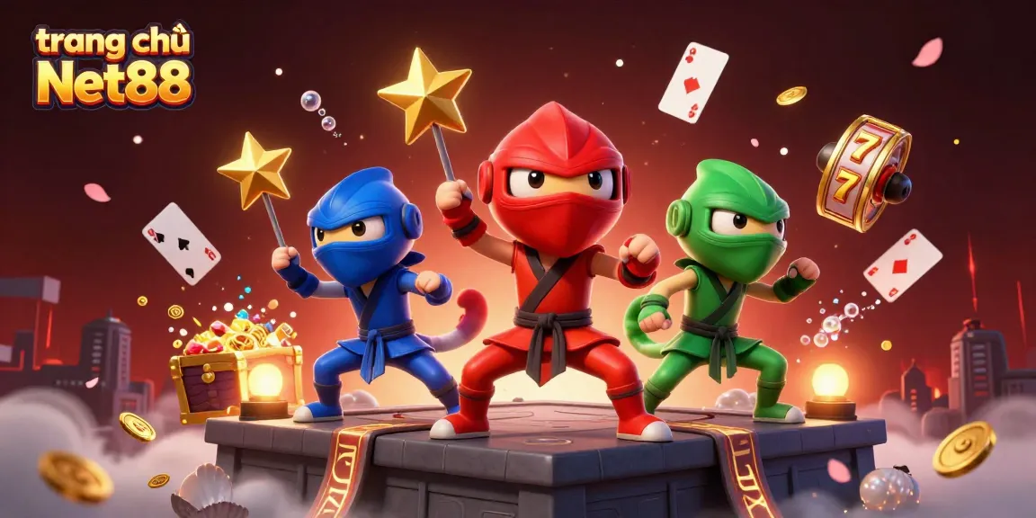 Experience the vibrant excitement of trang chủ Net88 as chameleon ninjas engage in thrilling casino activities amidst a treasure-filled background.