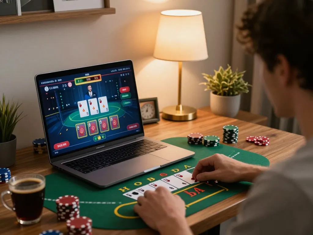 rokok88 player enjoying online blackjack with interactive dealer in stylish home office