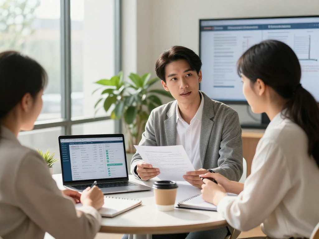 Property management fees discussion in a professional office between a property manager and landlord.